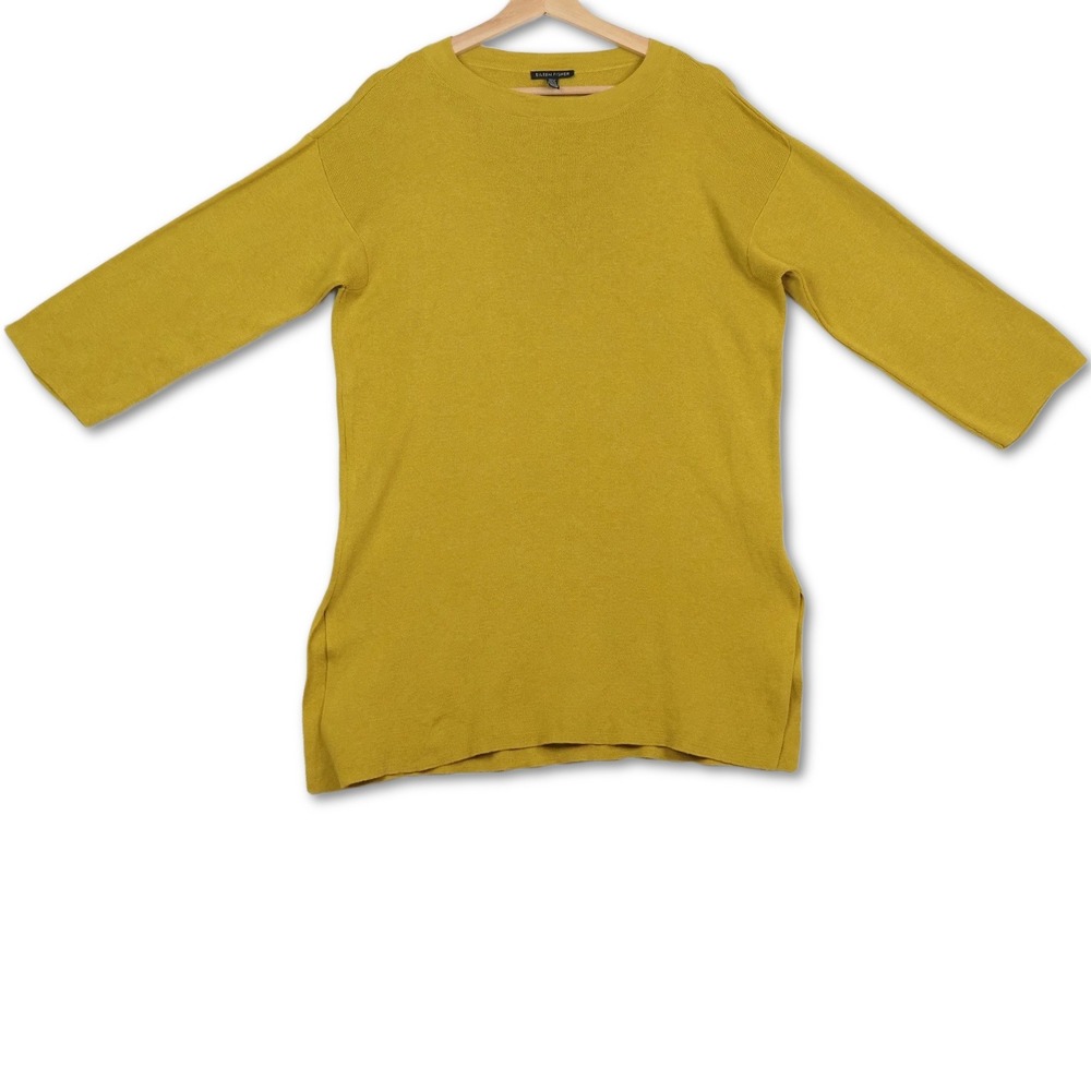 Eileen Fisher Womens Organic Cotton Silk Sweater XXS XS Yellow‎ 3/4 Sleeve